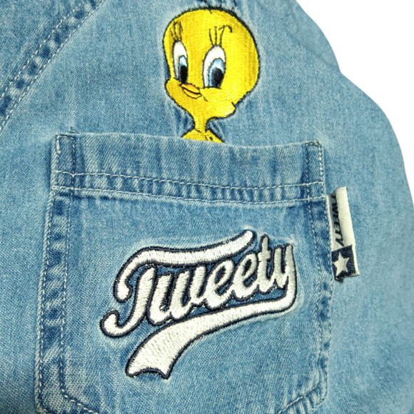 Vintage Looney Tunes Denim V-neck Short Sleeve Button Down Shirt  XL - Picture 4 of 5